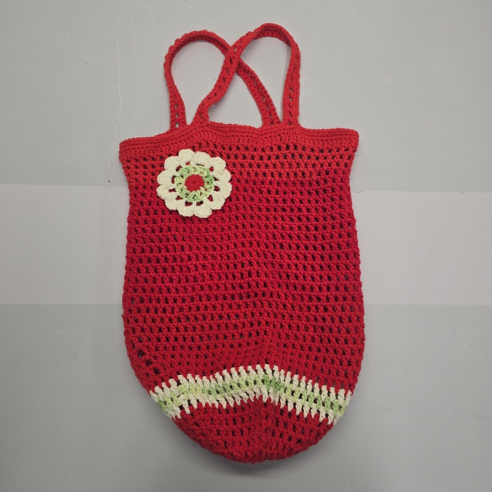 Handmade Crochet Market Tote Bag Red Green White Flower Fruit Aesthetic Boho